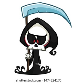 Cute cartoon grim reaper with scythe. Halloween death character illustration