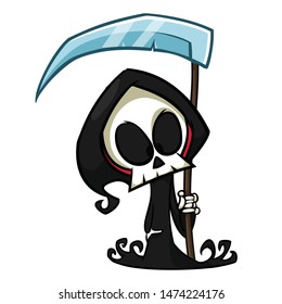Cute cartoon grim reaper with scythe. Halloween death character illustration