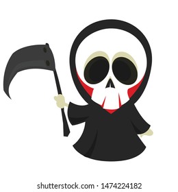 Cute cartoon grim reaper with scythe. Halloween skeleton character illustration