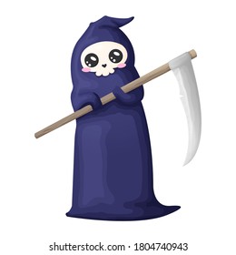 Cute cartoon grim reaper with scythe isolated on white background. Vector illustration. Kawaii Halloween skeleton character icon.