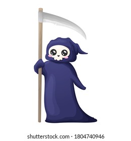 Cute cartoon grim reaper with scythe isolated on white background. Vector illustration. Kawaii Halloween skeleton character icon.