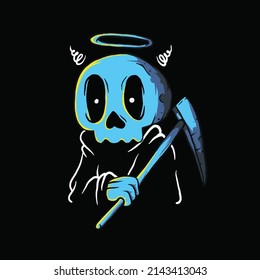 Cute cartoon grim reaper with scythe premium vector The Concept of Isolated Technology. Flat Cartoon Style Suitable for Landing Web Pages, Banners, Flyers, Stickers, Cards