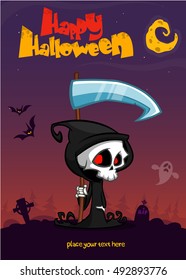 Cute cartoon grim reaper with scythe poster for Halloween party