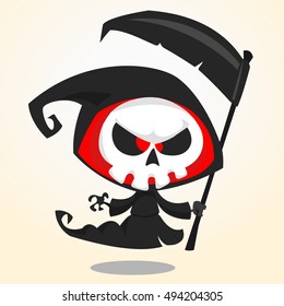 Cute cartoon grim reaper with scythe isolated on white. Cute Halloween skeleton death character icon