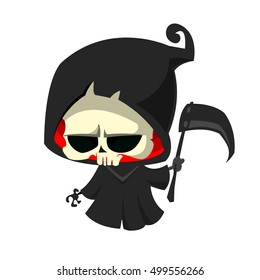 Cute cartoon grim reaper with scythe isolated on white. Cute Halloween skeleton death character