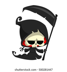 Cute cartoon grim reaper with scythe isolated on white. Cute Halloween skeleton death character icon