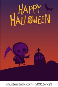 Cute cartoon grim reaper with scythe poster for Halloween party