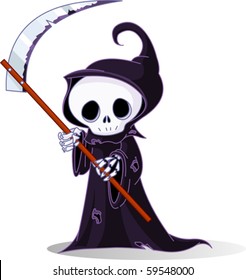 Cute cartoon grim reaper with scythe  isolated on white