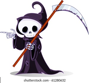 Cute cartoon grim reaper with scythe  pointing. Isolated on white