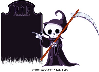 Cute cartoon grim reaper with scythe  pointing to tombstone. Isolated on white