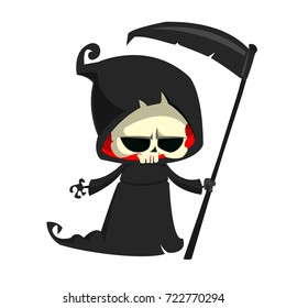 Cute cartoon grim reaper with scythe isolated on white. Vector illustration. Design for print, logo, emblem, sticker or party decoration