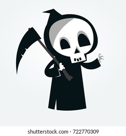 Cute cartoon grim reaper with scythe isolated on white. Vector illustration