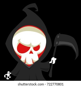 Cute cartoon grim reaper with scythe. Vector Halloween illustration