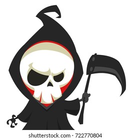 Cute cartoon grim reaper with scythe isolated on white. Vector illustration