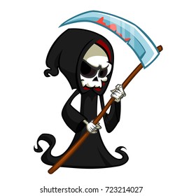 Cute cartoon grim reaper with scythe isolated on white. Cute Halloween skeleton death character icon