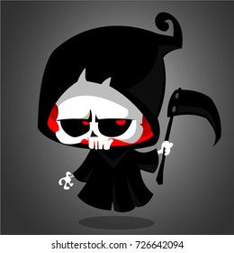 Cute cartoon grim reaper with scythe isolated on white. Vector illustration