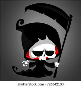 Cute cartoon grim reaper with scythe isolated on white. Vector illustration