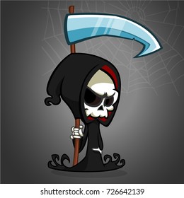Cute cartoon grim reaper with scythe isolated on white. Vector illustration