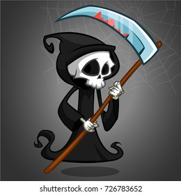 Cute cartoon grim reaper with scythe isolated on white. Vector illustration. Design for print, poster, invitation, logo, emblem or sticker
