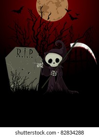 Cute cartoon grim reaper with scythe pointing to tombstone