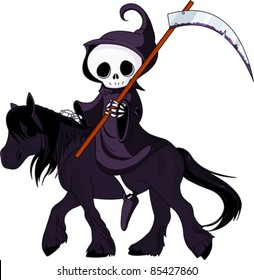 Cute cartoon grim reaper with scythe  riding black horse