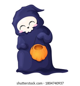 Cute cartoon grim reaper sitting with pumpkin isolated on white background. Vector illustration. Kawaii Halloween skeleton character icon.