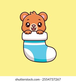 Cute Cartoon Grizzly Bear Hiding Inside a Sock Vector Icon Illustration. Animal Nature Icon Concept Isolated Premium Vector. Animals Cartoon Style