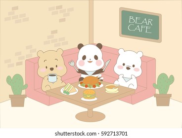 Cute cartoon grizzly, panda, ice polar bear eating meal in bear cafe