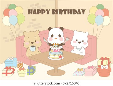 Cute cartoon grizzly, panda, ice polar bear happy birthday party with cake and present gift and balloon