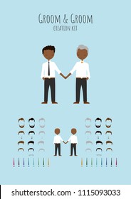 Cute cartoon Groom and Groom vector gay wedding illustration creation set template. Hair style, accessories, hair colour.
