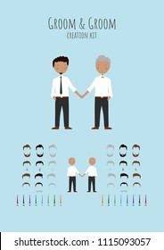 Cute cartoon Groom and Groom vector gay wedding illustration creation set template. Hair style, accessories, hair colour.