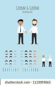 Cute cartoon Groom and Groom vector gay wedding illustration creation set template. Hair style, accessories, hair colour. Mixed couple, interracial.