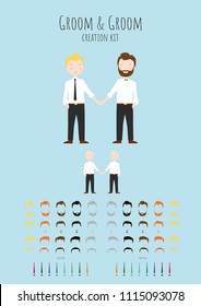Cute cartoon Groom and Groom vector gay wedding illustration creation set template. Hair style, accessories, hair colour.