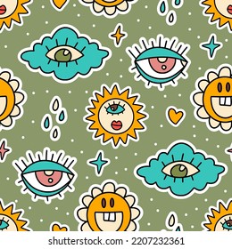 Cute cartoon groovy cloud, eye sticker vector seamless pattern. Hippie retro background illustration