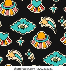 Cute cartoon groovy cloud, ufo, star sticker vector seamless pattern. Hippie retro background illustration