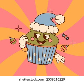 Cute cartoon Groovy cupcake character wearing a Santa hat, surrounded by festive ornaments and candy on a bright, colorful background.