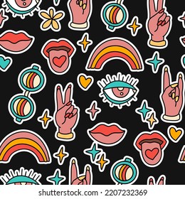 Cute cartoon groovy hand eye rainbow sticker vector seamless pattern. Hippie retro background illustration