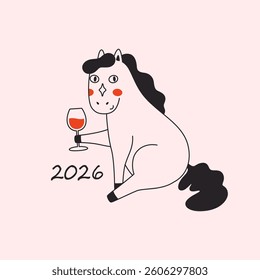 Cute cartoon groovy horse with wine glass. Year of the Horse 2026. Print design with animal for greeting cards, posters, banners. Vector illustration in flat style