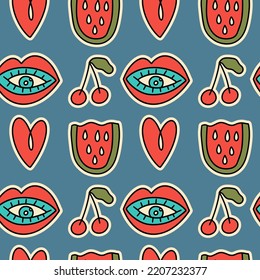 Cute cartoon groovy lips, cherry, watermelon sticker vector seamless pattern. Hippie retro background illustration