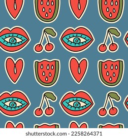 Cute cartoon groovy lips, cherry, watermelon sticker vector seamless pattern. Hippie retro background illustration