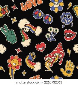 Cute cartoon groovy mushroom, hand, rainbow sticker vector seamless pattern. Hippie retro background illustration