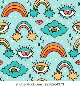 Cute cartoon groovy rainbow cloud sticker vector seamless pattern. Hippie retro background illustration