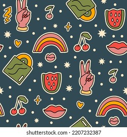 Cute cartoon groovy rainbow, music sticker vector seamless pattern. Hippie retro background illustration