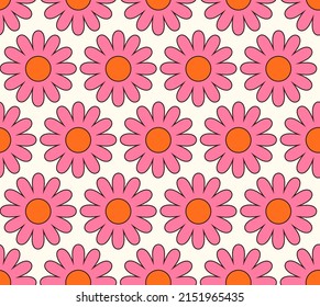 Cute cartoon groovy seamless pattern. 70s retro nostalgic textile design. Vintage geometric flowers 60s hippie style background. Floral checkerboard grid funny print.