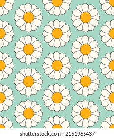 Cute cartoon groovy seamless pattern. 70s retro nostalgic textile design. Vintage geometric flowers 60s hippie style background. Floral checkerboard grid funny print.