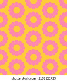 Cute cartoon groovy seamless pattern. 70s retro nostalgic textile design. Vintage geometric flowers 60s hippie style background. Floral checkerboard grid funny print.