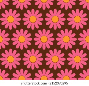 Cute Cartoon Groovy Seamless Pattern. 70s Retro Nostalgic Textile Design. Vintage Geometric Flowers 60s Hippie Style Background. Floral Checkerboard Grid Funny Print.