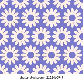 Cute Cartoon Groovy Seamless Pattern. 70s Retro Nostalgic Textile Design. Vintage Geometric Flowers 60s Hippie Style Background. Floral Checkerboard Grid Funny Print.