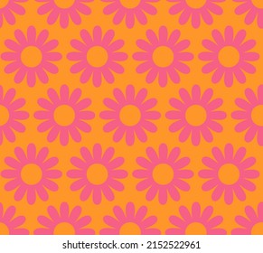 Cute cartoon groovy seamless pattern. 70s retro nostalgic textile design. Vintage geometric flowers 60s hippie style background. Floral checkerboard grid funny print.