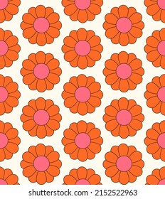 Cute cartoon groovy seamless pattern. 70s retro nostalgic textile design. Vintage geometric flowers 60s hippie style background. Floral checkerboard grid funny print.
